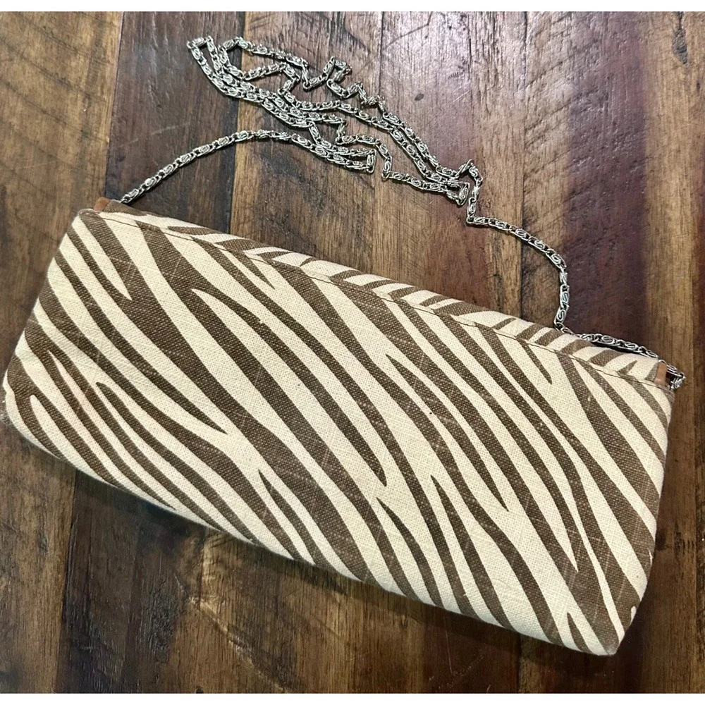 Zebra Print Canvas Clutch Bag with Silver Chain Strap Brown Cream Animal Print